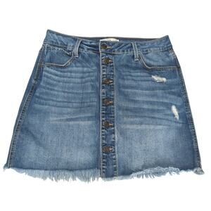 Mudd Womens 11 Denim Skirt Button Front Distressed Raw Hem Blue Jean Stretch